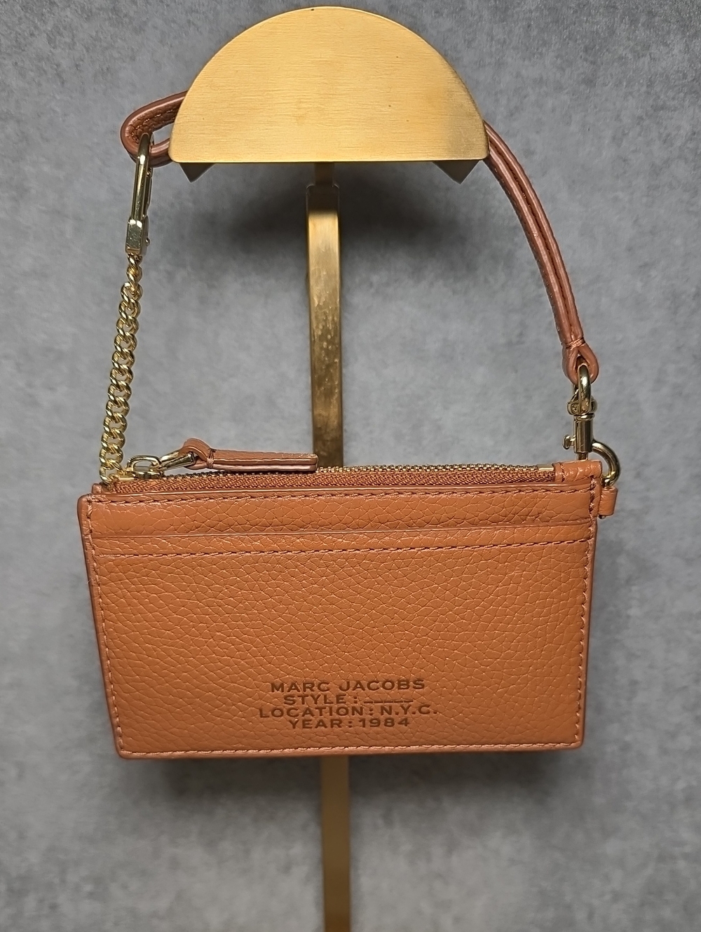 Marc Jacobs Cognac Pebbled Leather Wristlet Card Case with Gold Chain
